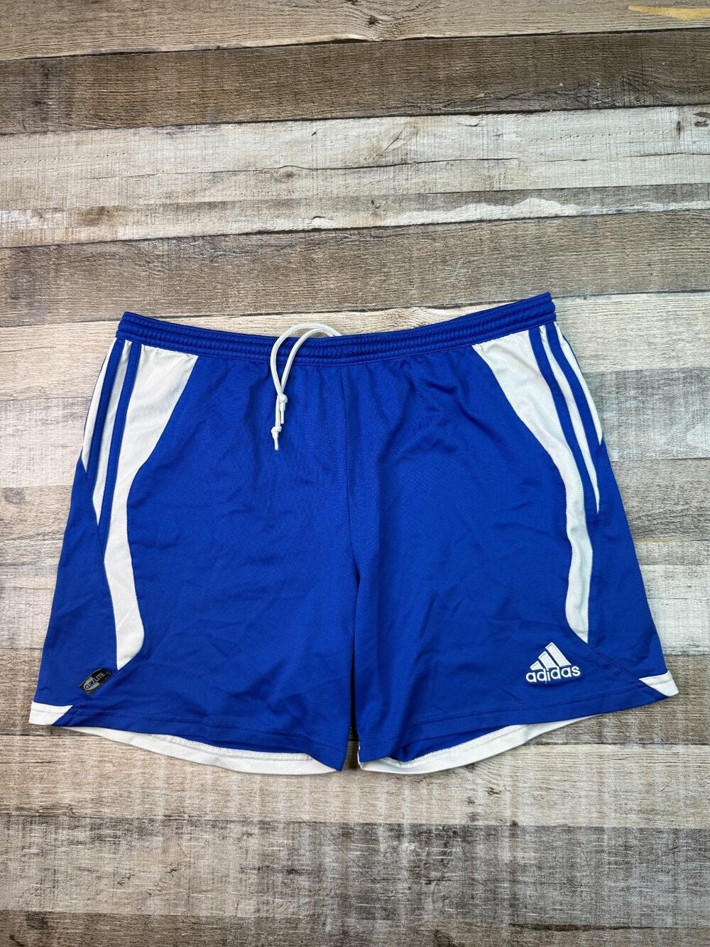 Vintage Y2K Adidas Mens Large Soccer Shorts Running Blue Climalite Drawstring 6"